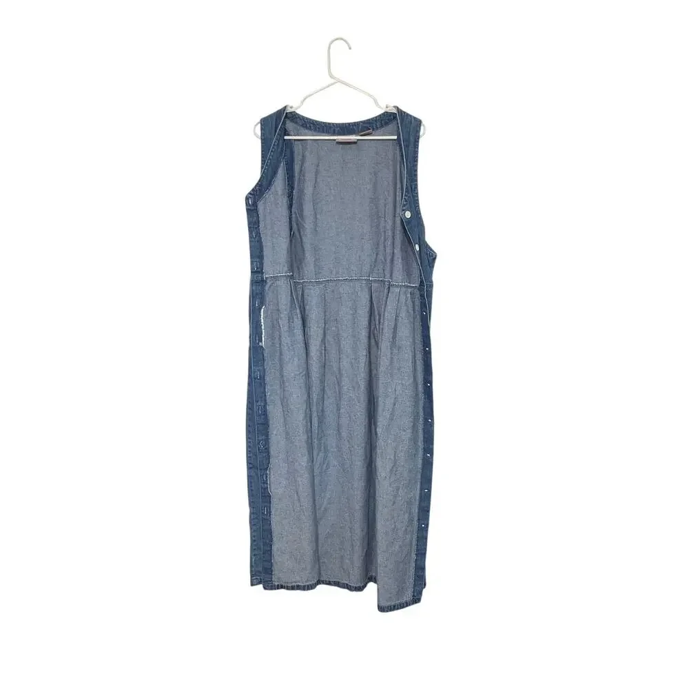 VTG 90s Denim Button-Front Midi Dress Cotton Sleeveless Sz Large V-Neck Teacher - Picture 3 of 6